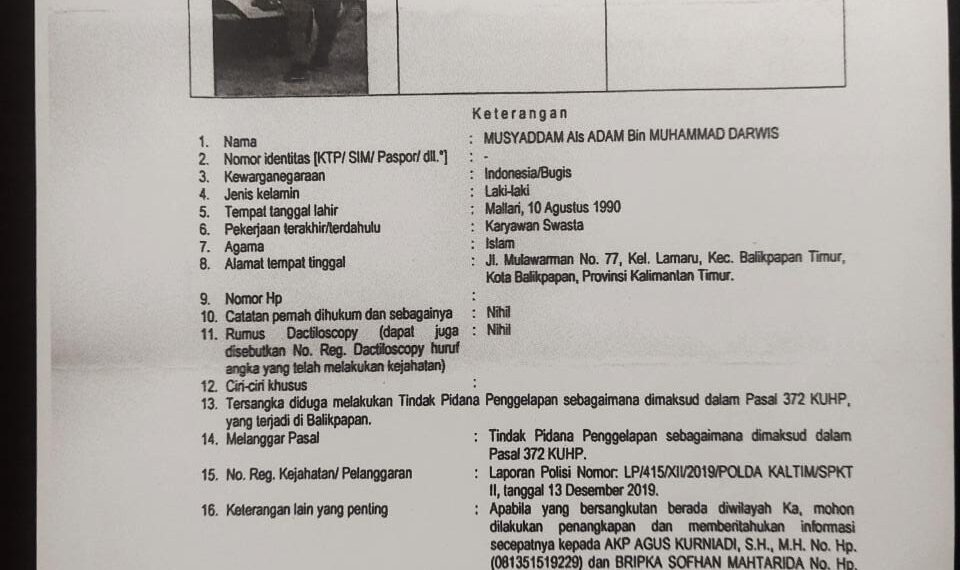 Polda Kaltim Mengeluarkan Daftar DPO Kasus Penggelapan