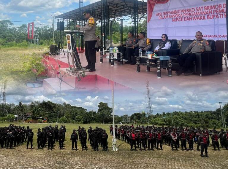 Polres Bontang Gelar Apel Pengecekan Personil BKO Digelar di Muara Badak untuk Pengamanan PSU Bupati Kukar